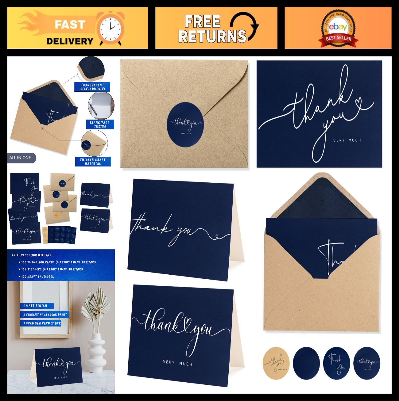 100 Bulk Navy Thank You Cards with Kraft Envelopes & Stickers – 4 Minimalist Des