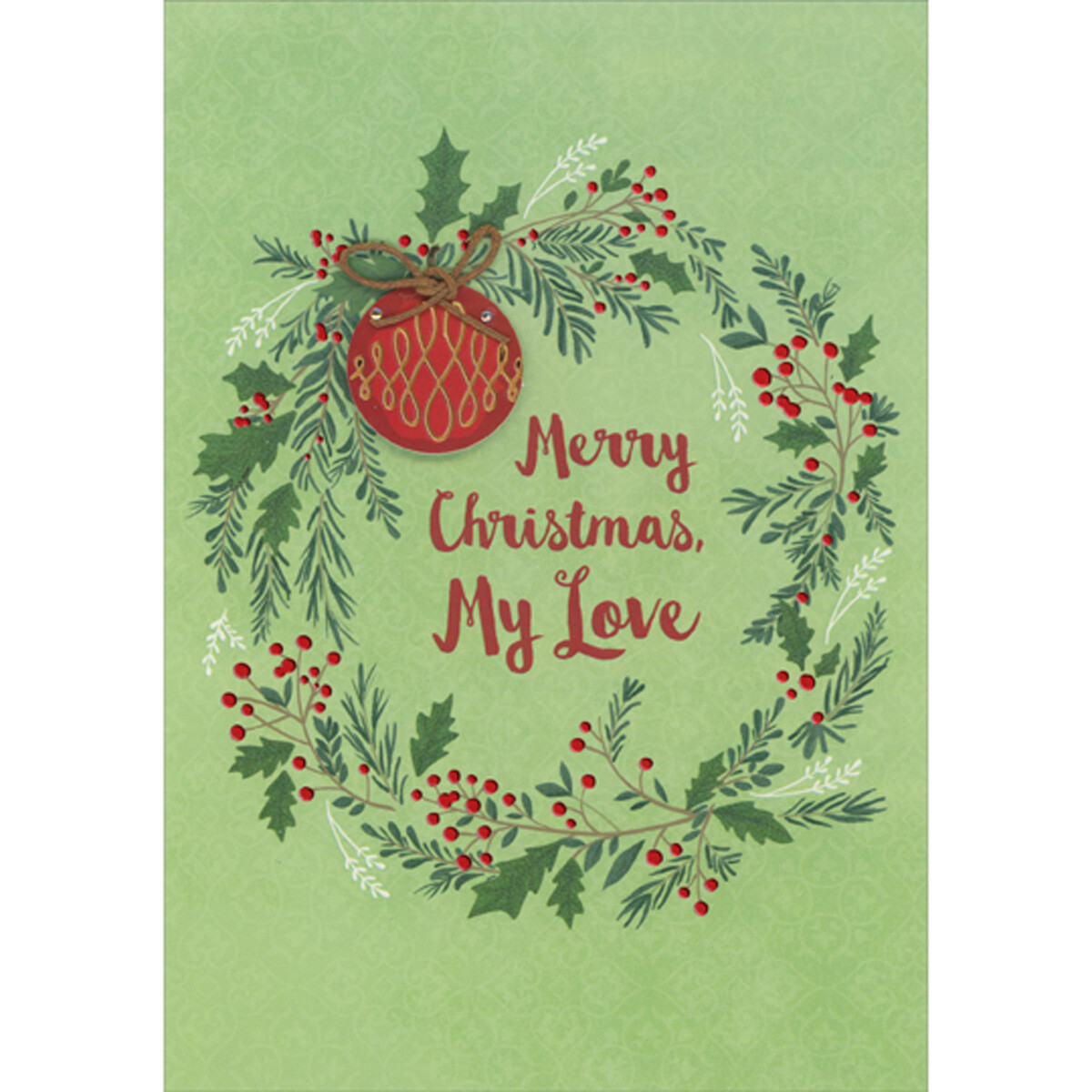 Die Cut 3D Red Gold Ornament Brown String Wreath Christmas Card One I Love