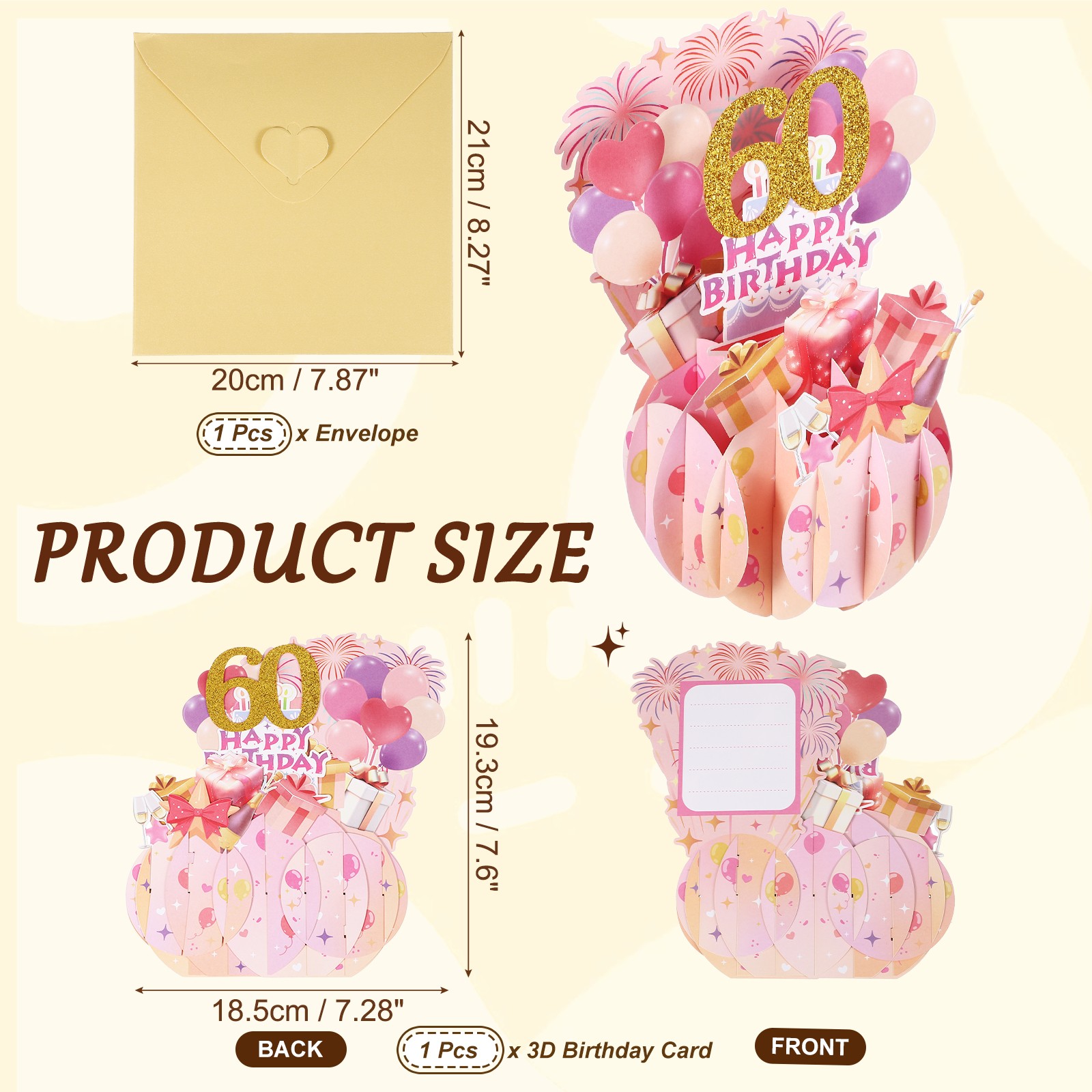 60th Birthday Card, 60 Years Old Funny Birthday Card, Style 2&Gold Pink