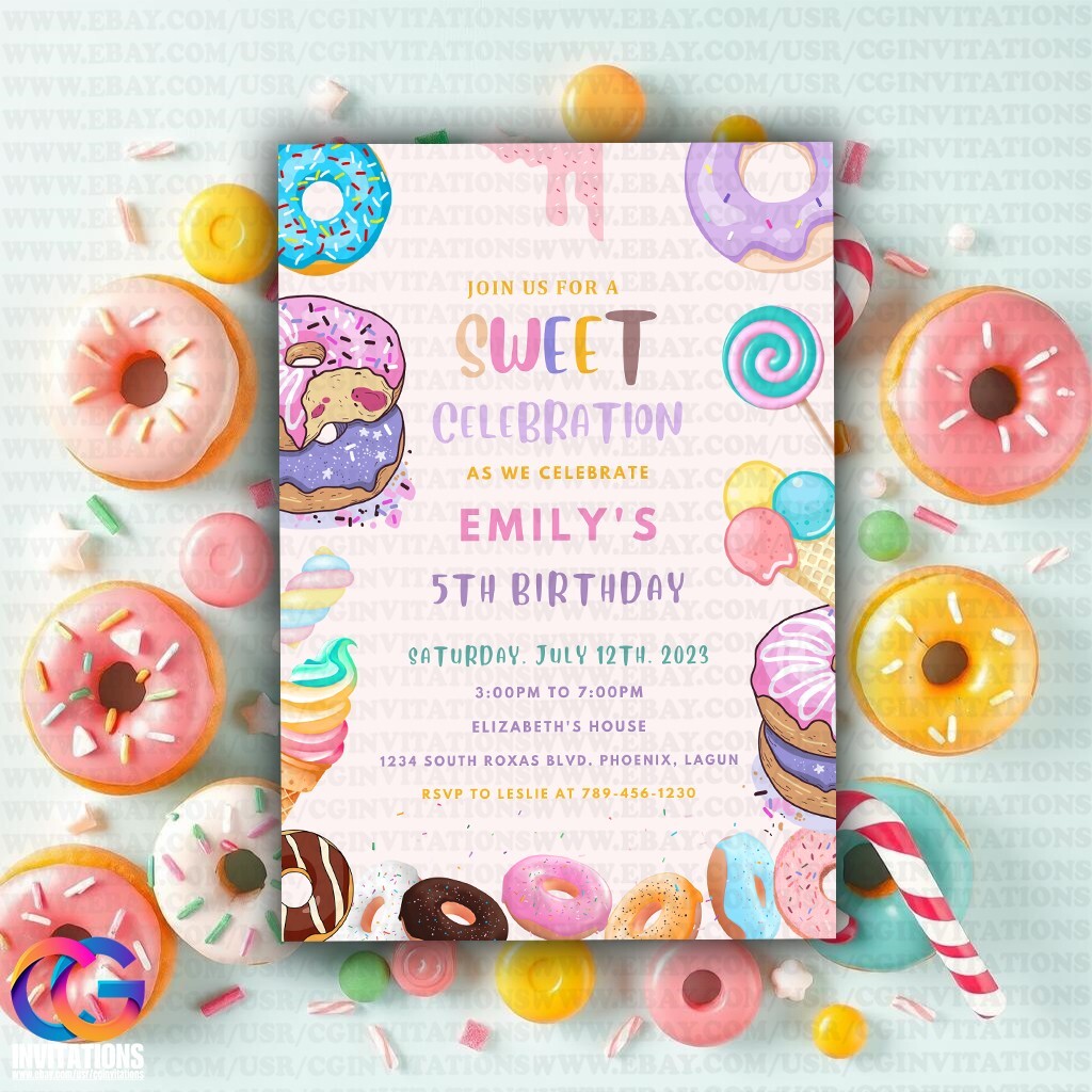 Editable Sweet Birthday Invitation, Candy Land Birthday, Donut Birthday Evite
