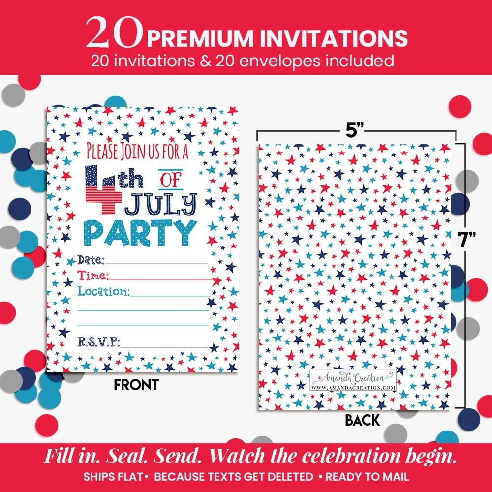 4th of July Party Invitations, 20 5×7 Fill In Cards with Twenty White Envelop