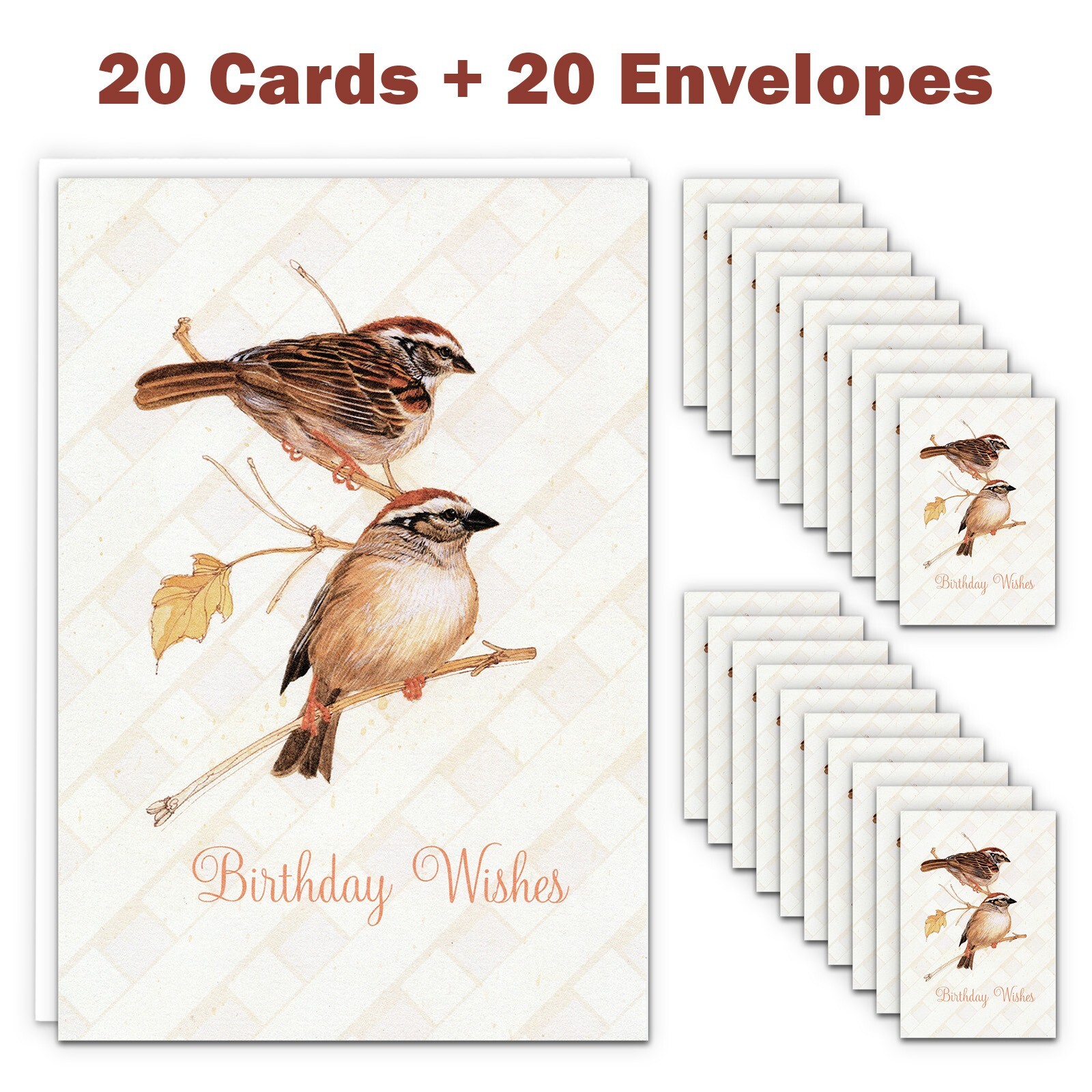 20-Count Set, “Songbirds” Religious BIRTHDAY CARDS + ENVELOPES